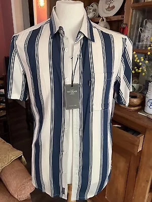 OUTRAGE LONDON SHIRT. SMALL. TEAL BLUE STRIPE. 1950s BOWLING STYLE. BNWT • £5