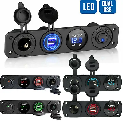 Dual USB Socket Charger+LED Voltmeter + 12V Power Outlet Panel For Marine RV Car • £12.99