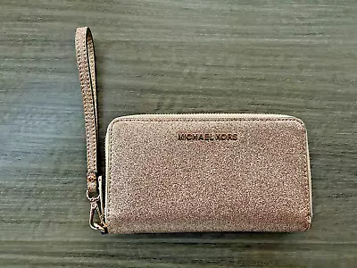 Michael Kors Phone Wallet Large Rose Metallic Gold Leather Zip • $45