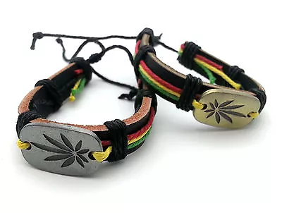 Rasta Color Threaded Adjustable Leather Bracelet With Herb Leaf Design • $6.99