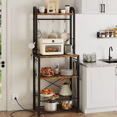 Kitchen Bakers Rack With Power Outlet Microwave Stand Rustic Coffee Bar Station • $81.74