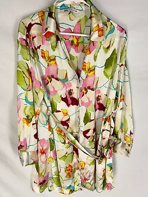 ZARA SATIN MINI DRESS Size Large Floral With Belt Gorgeous Womens Spring Summer • $19.28