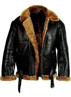 Men New RAF B3 Aviator Pilot Bomber Fur Sheepskin Leather Brown Jacket • $214.99