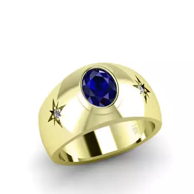 Fine 18K Yellow Gold Gents Sapphire And Diamond Ring Blue Gemstone Virgo Mens Gi • $1839