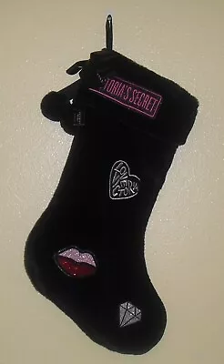 Victoria Secret Christmas Stocking ~ Black ~ Faux Fur ~ Pom Poms Large NWT New • $17.39