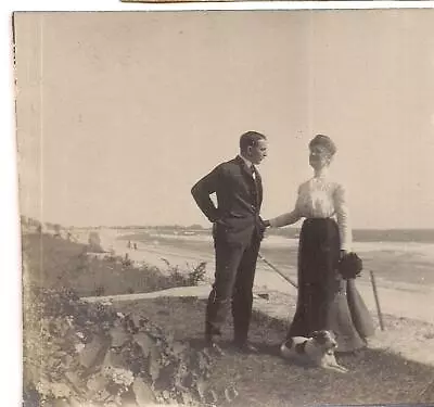 Edwardian Couple Man & Woman Standing By Ocean Shore Jack Russell Dog Photo • $19.99