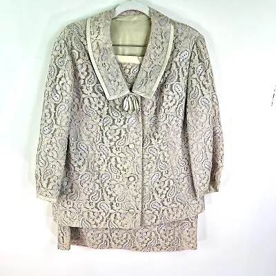 Vintage Luxe Lace Jacket-Skirt 2pc Suit Womens Size M Ivory Purple Floral • £37.95