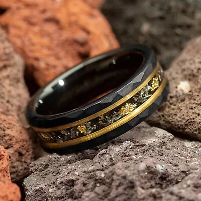 Meteorite & Gold Leaf Hammered Black Tungsten Mens Wedding Ring 6mm Comfort Fit • $149.99