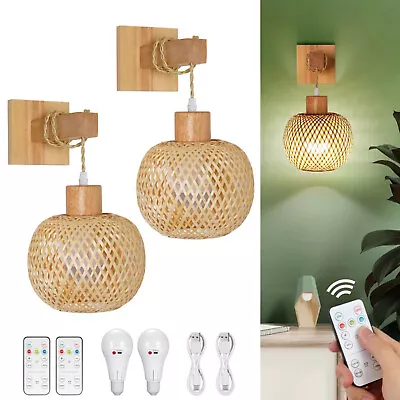 Battery Operated Wall Sconces Set Of 2 Bamboo Dimmable LED Wall Lights W/ Remote • $79.99