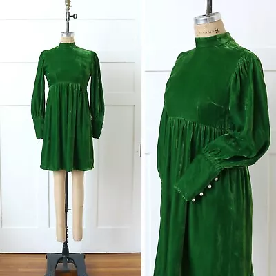 Vintage 1960s 70s Green Velveteen Babydoll Empire Waist Dress Boho Hippie • $136