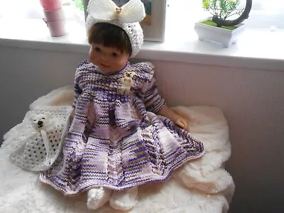 Hand Knitted Lilac *Teddy* Dress Set For Baby Girl 3-6mths/reborn 20-24 .*New* • £20.99