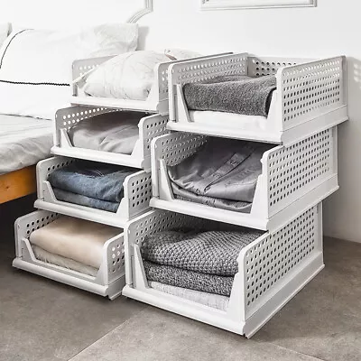 Wardrobe Stackable Storage Basket Clothes Organiser Shelf Rack Pull Out Drawer • £6.94