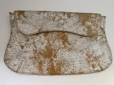 ANTHROPOLOGIE MISS ALBRIGHT Specialty Wave Flap Leather Clutch Tan Silver Purse • $24.95