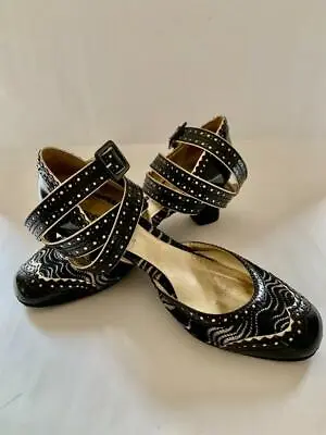 MISSONI Black + Gold Leather Wrap Ankle Strap Spectator Knit Motif Heels  EU 38 • $150