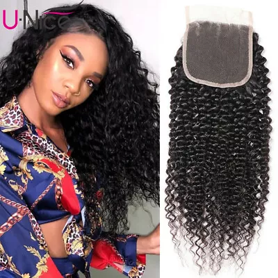 UNice Mongolian Kinky Curly Virgin Human Hair Lace Top Closure Free Part 150% US • $66.40