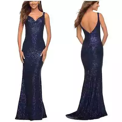 La Femme NWT 30187 Low Back Sequin Gown Navy Blue Size 8 • $100