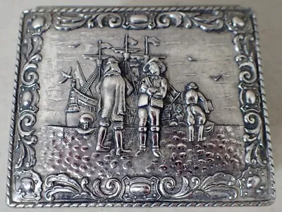 Vtg Ornate Silver Tone Metal Footed Jewelry Trinket Box Sail Ship Pilgrims Japan • £12.40