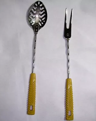 Vintage Action Slotted Spoon & Meat Serving Fork Stainless Steel Plastic Handles • $15