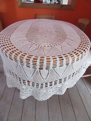 Vintage Very Large White Oval Hand Crochet Lace Tablecloth 120  X 84  • $14.93