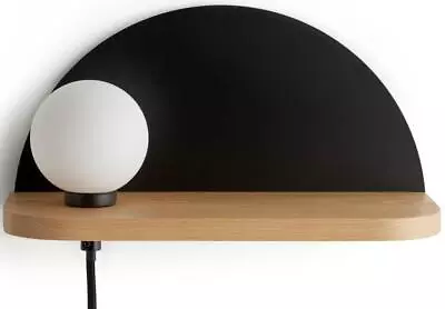 Black Curved Backdrop Oak Base With White Round Shelf Wall Lamp • £24.95