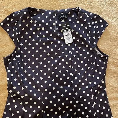 Wallis Ladies Dress Size 16/Navy With White Spots/Polkadot/NEW WITH TAGS • £18