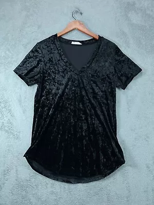 Womens Tops Shirt Large JM Clothing Black Velvet Crush V Neck Long Short Sleeve • $12.59