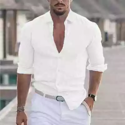 Men's Shirt Cotton Linen Sleeve T-shirt Short Plain Shirts Casual Mens *20% OFF* • $23.99