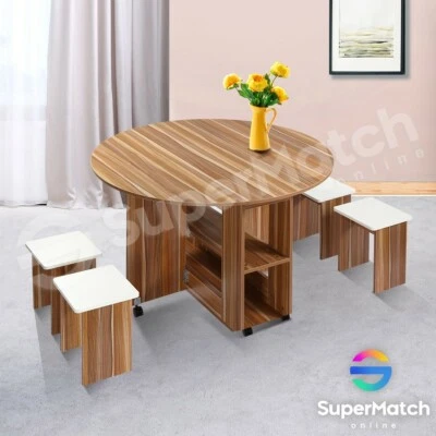 Round Folding Dining Table & Chairs Set Wooden Kitchen Dining Room Furniture Oak • $179.59