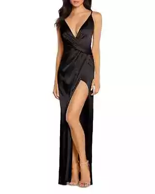 Aidan By Aidan Mattox V Neck Draped Column Gown Women's 10 Black Zip Closure • $90.35