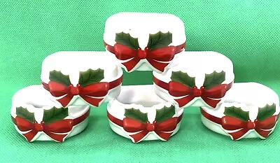 6 Vintage 80s Christmas Ribbon & Holly Fine Porcelain Napkin Rings Mt. Clemons • $8.99