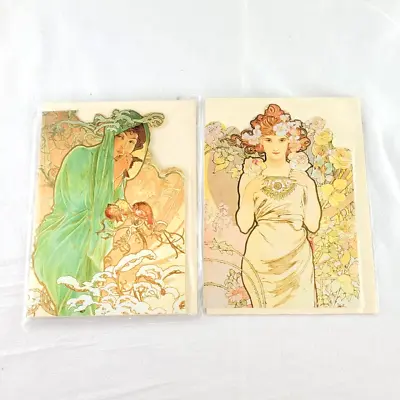 Alphonse Mucha VTG Unused Die Cut Greeting Cards Art Nouveau Litho Lot Of 2 • $15.97