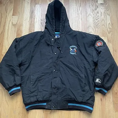 $129 • Buy Men's Vintage 90s Starter Charlotte Hornets Black Teal Hooded Puffer Jacket Sz L