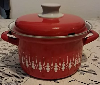 1970s Red & White Retro Enamelware Enamel Pot With Lid • $24.99