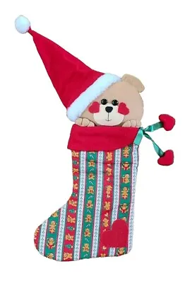Vintage Teddy Bear Christmas Stocking Santa Hat 3D Heart Cheeks Tassles 1980 • $22