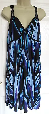 Butterfly Size 14 Black Blue Purple Turquoise Swirl Pattern Stretch Boho Dress • £5.99