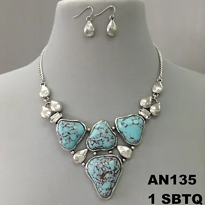 $25.99 • Buy Bohemian Style Hammer Silver Finish Turquoise Stone Pendants Statement Necklace
