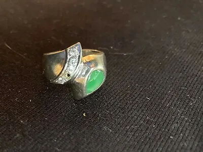 Heavy 14 K Ring With Diamonds And Green Jade • $495