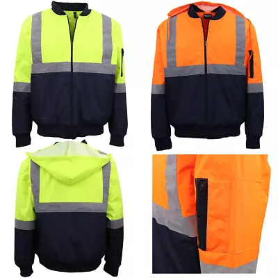 Mens Hi Vis Waterproof Rain Jacket Workwear Reflective Tape Hooded Bomber Jumper • $45