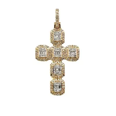 Men's 10k Yellow Gold Natural Round & Baguette Diamond Cross Charm Pendant 1 Ct • $934.15