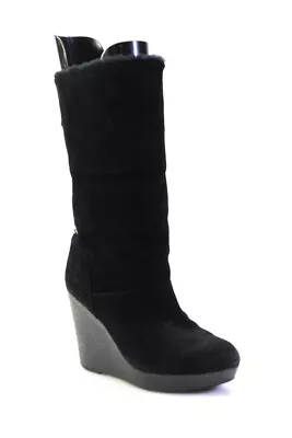 KORS Michael Kors Womens Leather Shearling Lined Zip Up Wedge Boots Black Size 7 • $42.69