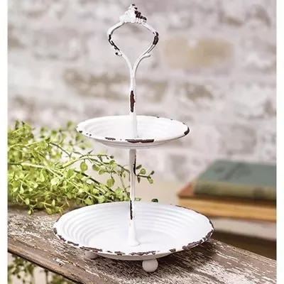 NEW Farmhouse Chippy White 2 Tiered ROUND Tray Candy Dish Cottage Shabby 9.25 T • $15.94