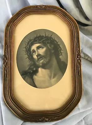 Antique Print Wood Frame Jesus Crown Of Thorns Black & White 18  Tall • $229.99