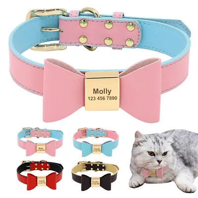 £8.03 • Buy Personalised Dog Collar With Bow Tie Engraved Pet Name ID Soft Leather Pink Red