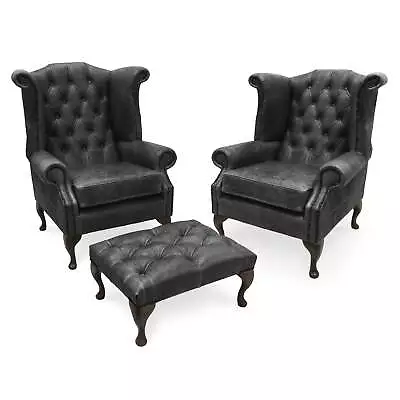 Pair Of 'Queen Anne' Distressed Black Vintage Leather Chesterfield Wingback Armc • £1095