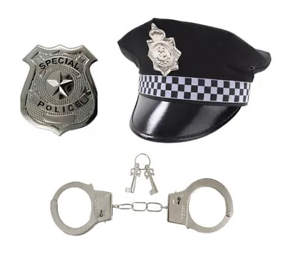 Policeman Costume 3pc Adult Set Mens Hat Badge Cuffs Peak Cap Fancy Dress • £11.99