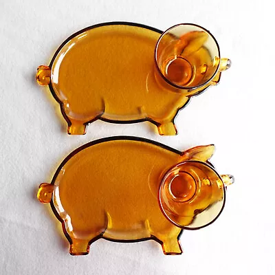 VTG Tiara Indiana Glass Amber Snack Dish Cup Set Pig Shaped Lunch Plate • $24