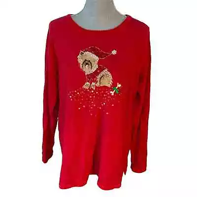 Quaker Factory Beaded Faux Pearls Christmas Sweater Yorkie Dog Sequins Large • $15.99