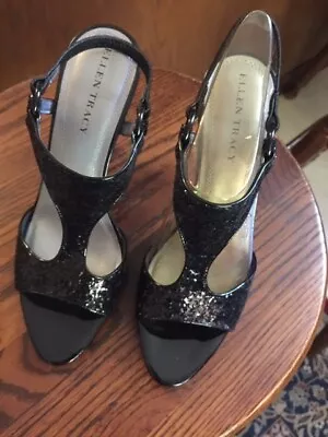 Women's Ellen Tracy ET-VEANNA Black Open Toe Heel Shoes Size 8 1/2 Medium • $80