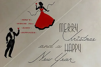 20s Man Woman Formal Tux Tails Gown Champagne Happy NY Vtg Christmas Card USED • $9.99