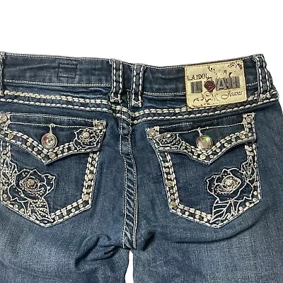 LA Idol Denim Jeans Sz 11 33x33 Dark Wash Rhinestone Bootcut Thick Stitch • $19.90